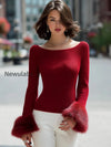 faux-fur-cuffs-boat-neck-ribbed-knit-sweater