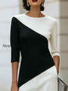 asymmetric-color-block-3-4-sleeve-knit-top