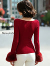 faux-fur-cuffs-boat-neck-ribbed-knit-sweater