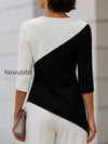 asymmetric-color-block-3-4-sleeve-knit-top