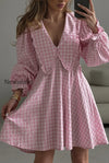 plaid-bow-collar-ruffle-sleeve-mini-dress