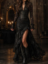 black-faux-leather-corset-maxi-dress-with-lace-sleeves