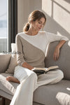 asymmetric-color-block-3-4-sleeve-knit-top