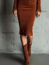 retro-v-neck-brown-miscrosuede-lace-trim-midi-dresswith-pleated-waist