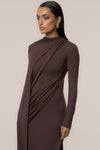 Chocolate Draped Elegance Cape Dress