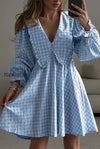 plaid-bow-collar-ruffle-sleeve-mini-dress