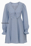 plaid-bow-collar-ruffle-sleeve-mini-dress