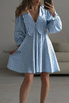 plaid-bow-collar-ruffle-sleeve-mini-dress