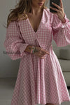 plaid-bow-collar-ruffle-sleeve-mini-dress